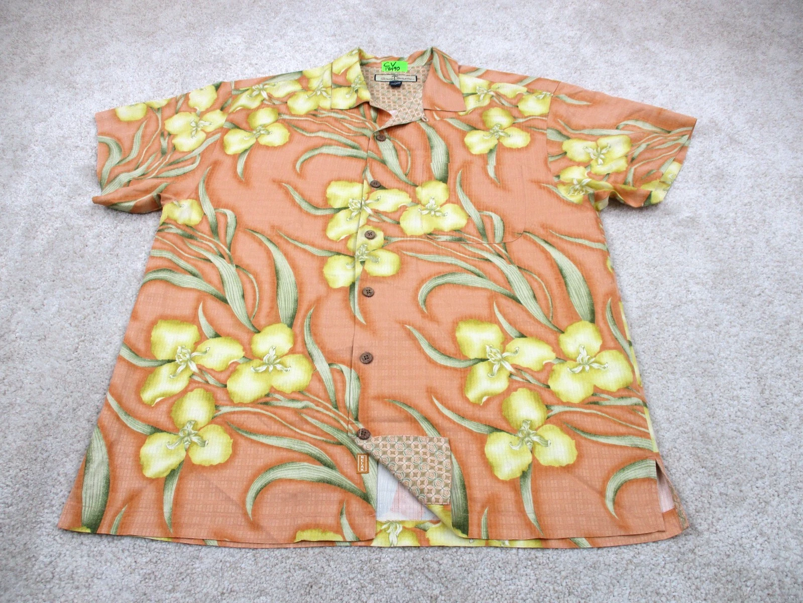 Tommy Bahama Shirt Men Medium Orange Hawaiian Silk Loop Collar Camp Button Up