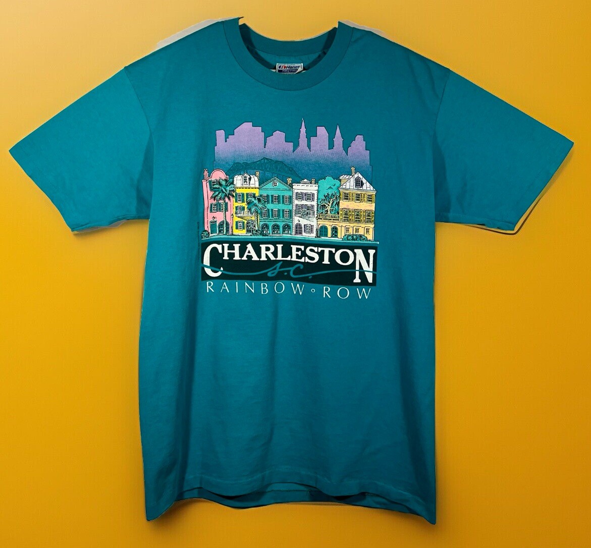 FILA T shirt vintage 1988 Charleston South Carolina Rainbow Row adulto GRANDE Teal Hanes