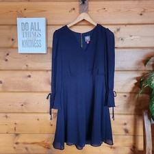 Vince Camuto Chiffon Blouson Dress Navy Blue Pleated Sheer Keyhole Ruffle Size 4