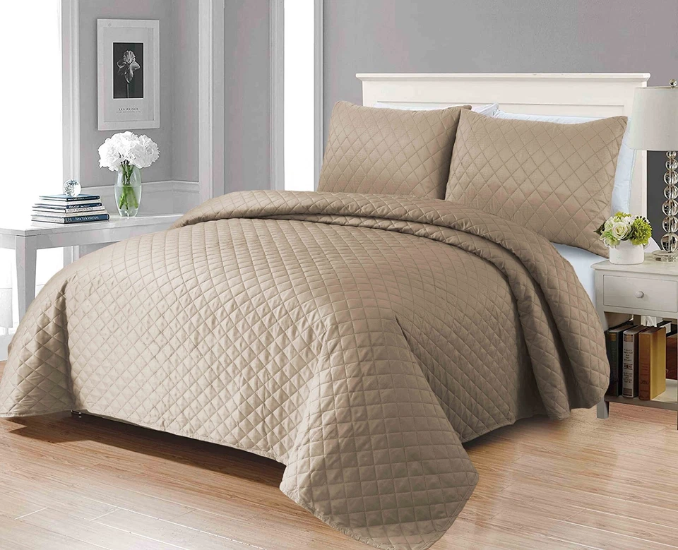 3Piece Quilted Bed Throw Comforter Bedspread Single Double King Size Bedding Set - Image 3 of 4