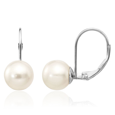 14K Solid White Gold 8mm Freshwater Pearl Small Drop Earrings Prong Set, Lever