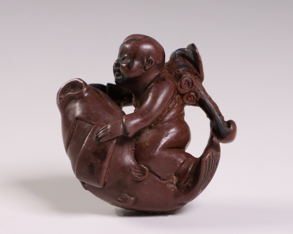 Japanese Resin Koi Fish & Chinese Boy Motif Netsuke 1.77inch Inro