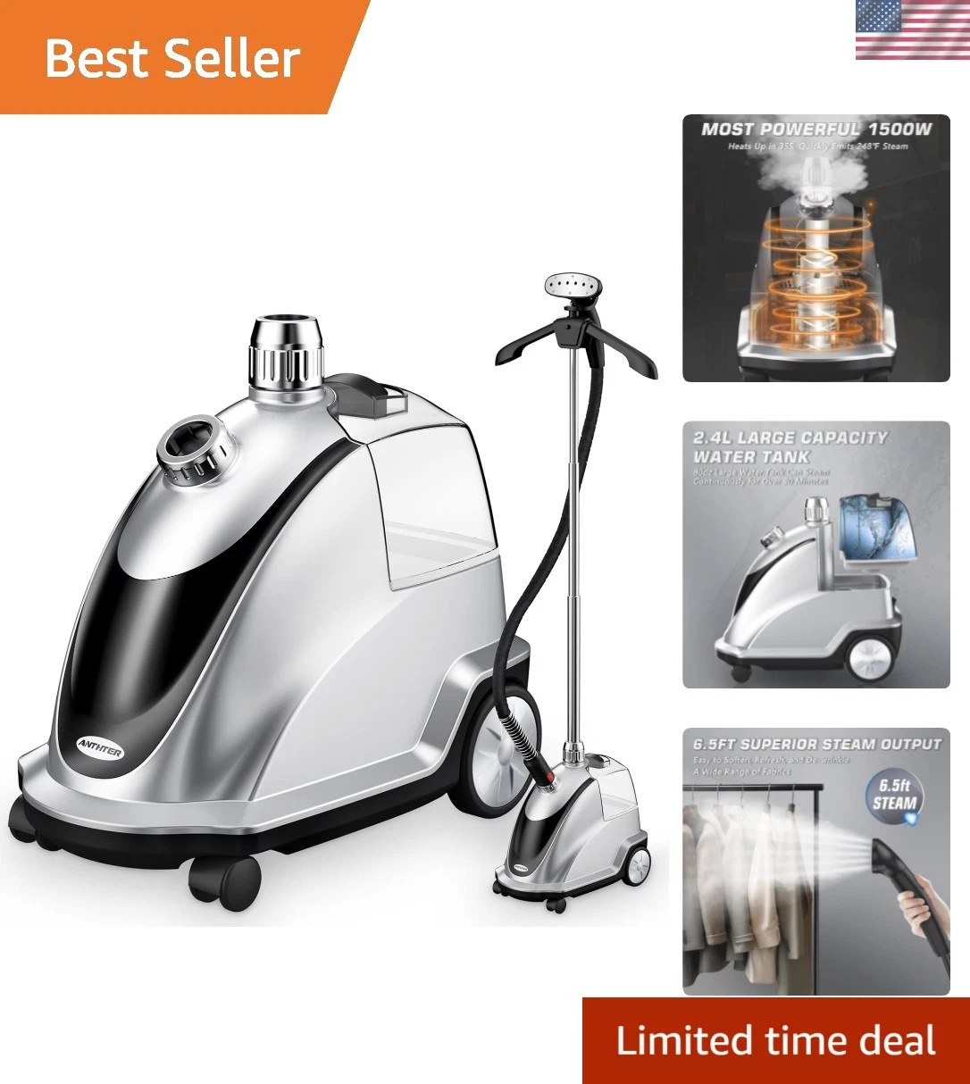 Steamer for Clothes, 1500W Powerful Standing Garment Steamer with Roll Wheels...