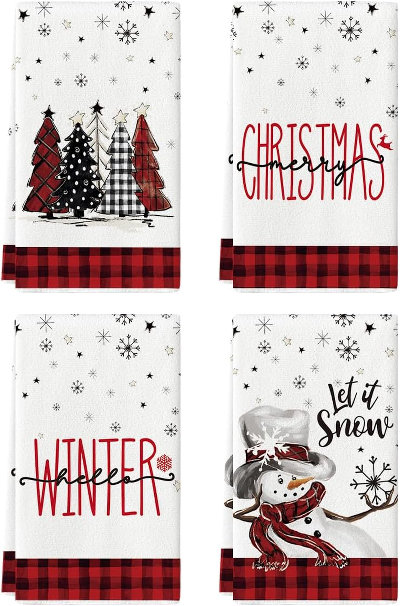 Red Black Buffalo Plaid Snowman Xmas Trees Christmas Kitchen Towels Dish Towels,