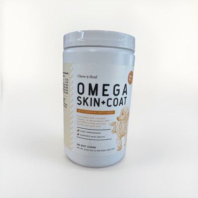 Chew + Heal Omega Skin + Coat 180 Soft Chews For Dogs & Cats Salmon Oil 04/2028
