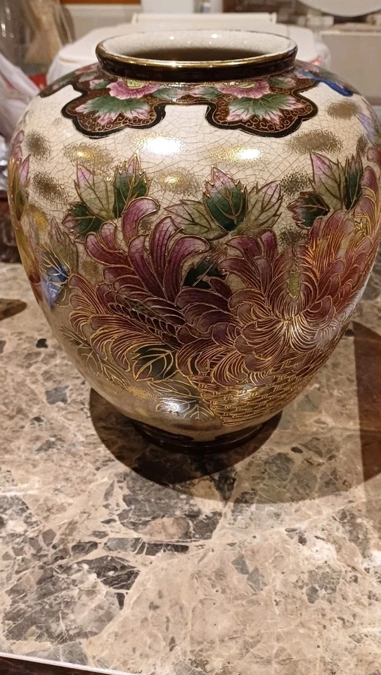 LARGE ORIENTAL VASE GILDED CHRYSANTHEMUMS PALE GREEN GROUND DRILLED BASE 10.75" - Image 3 of 4