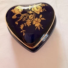 Vintage Limoges Rochard France Cobalt Blue & Gold Hand Painted Heart Box