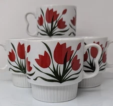 Set of 5 Stylecraft Red Tulip White Stacking Coffee Tea Mug Cups MCM Vtg Ceramic