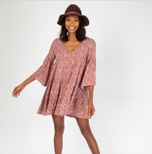 Natural Life Dress XS/S Charlotte Pink Floral Tiered Tunic Flowy Boho Rayon