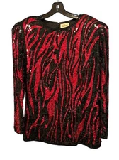 Vtg Oleg Cassini Silk Beads Sequins Shirt Blouse Sz Large Red Animal Print READ