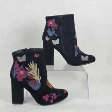Bamboo Womens 7 Black Embroidered Floral Boots High Heeled Bootie Bohemian Boho