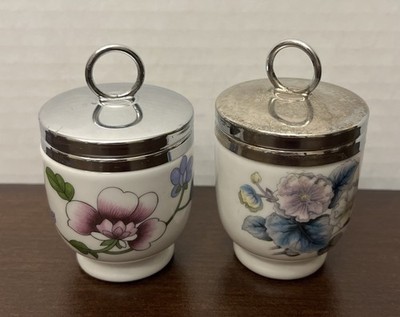 Vintage Lot Of 2 Royal Worcester Egg Coddlers Porcelain W/Lids Flower