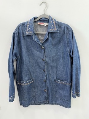 Vintage Softspots Blue Denim Jacket Floral Embroidered Oversized Medium Coat