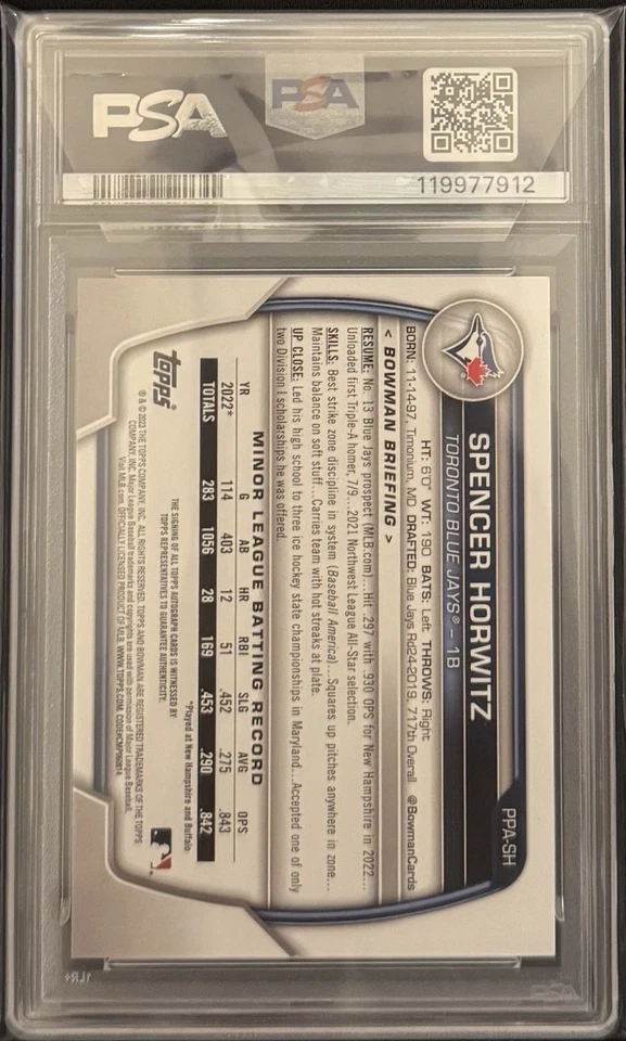2023 Bowman - Paper Prospect Autographs Spencer Horwitz #PPA-SH (AU, RC) PSA 9 - Image 2 of 2