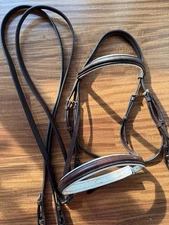 Brown And White Xtra Full Dressage Bridle With Brass & Bobby’s Plain Reins