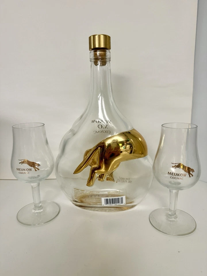 MEUKOW France Cognac Empty Bottle Gold Panther 750ml Wood Stand 2 glasses - Image 3 of 4