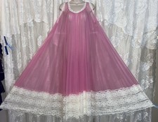 VTG NWOT 1 SZ Miss Elaine PINK SHEER Chiffon FULL Nightgown 11" White Lace Hem