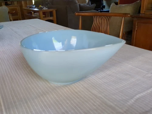 Vintage Fire King Delphite/Turquoise Blue Swedish Teardrop Mixing Bowl. 9.5x7.5"