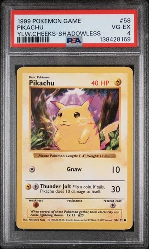 1999 POKEMON BASE SET SHADOWLESS YELLOW CHEEKS #58 PIKACHU PSA 4