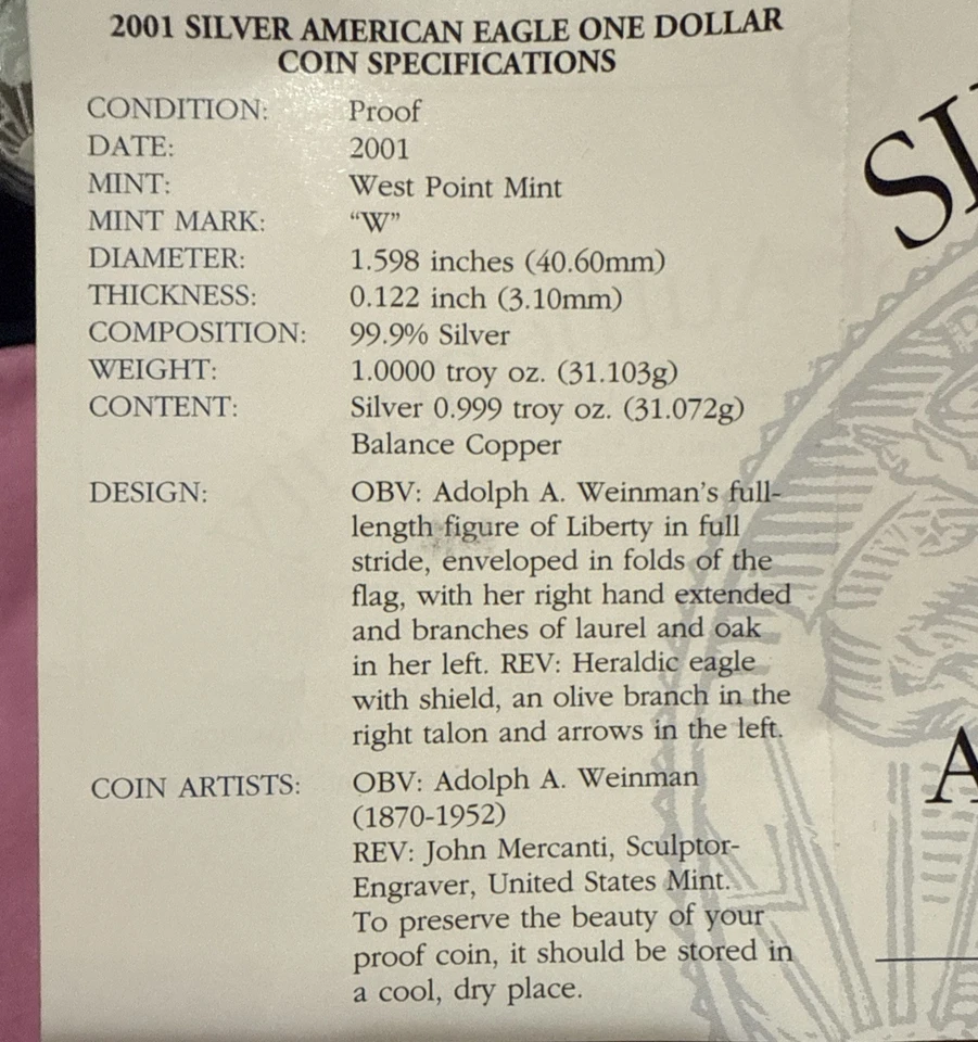 Lingotes American Silver Eagle 2001-W prueba $1 como nuevos en Estados Unidos OGP y certificado de autenticidad Foto 4 de 4