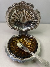 Leonard Silver Plated Clam Seashell Butter Caviar Jam Dish 5"  Glass Liner Vtg