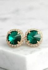 3Ct Lab Created Emerald Push Back Halo Stud Earrings 14K Yellow Gold Finish
