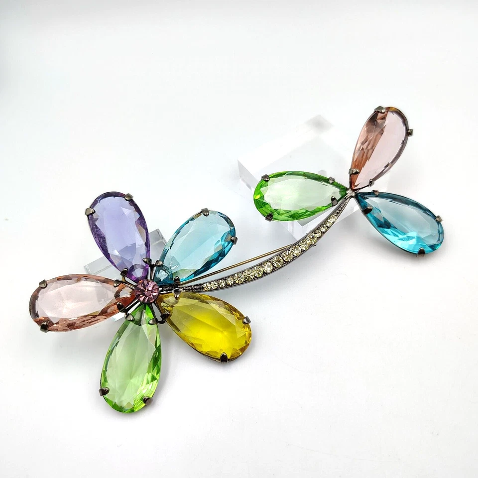 Giorgio Armani Multicolor Crystal Gunmetal Large Statement Flower Brooch Y2K
