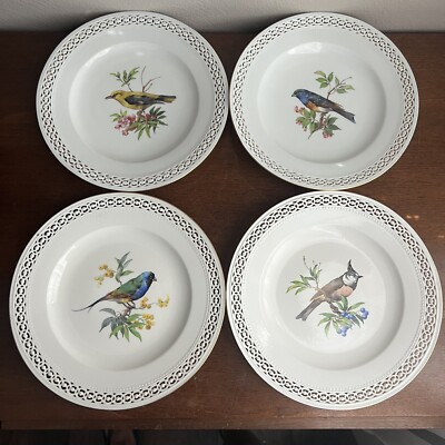 Meissen Porcelain Lot of 4 Plates with Hand-Painted Birds Gold