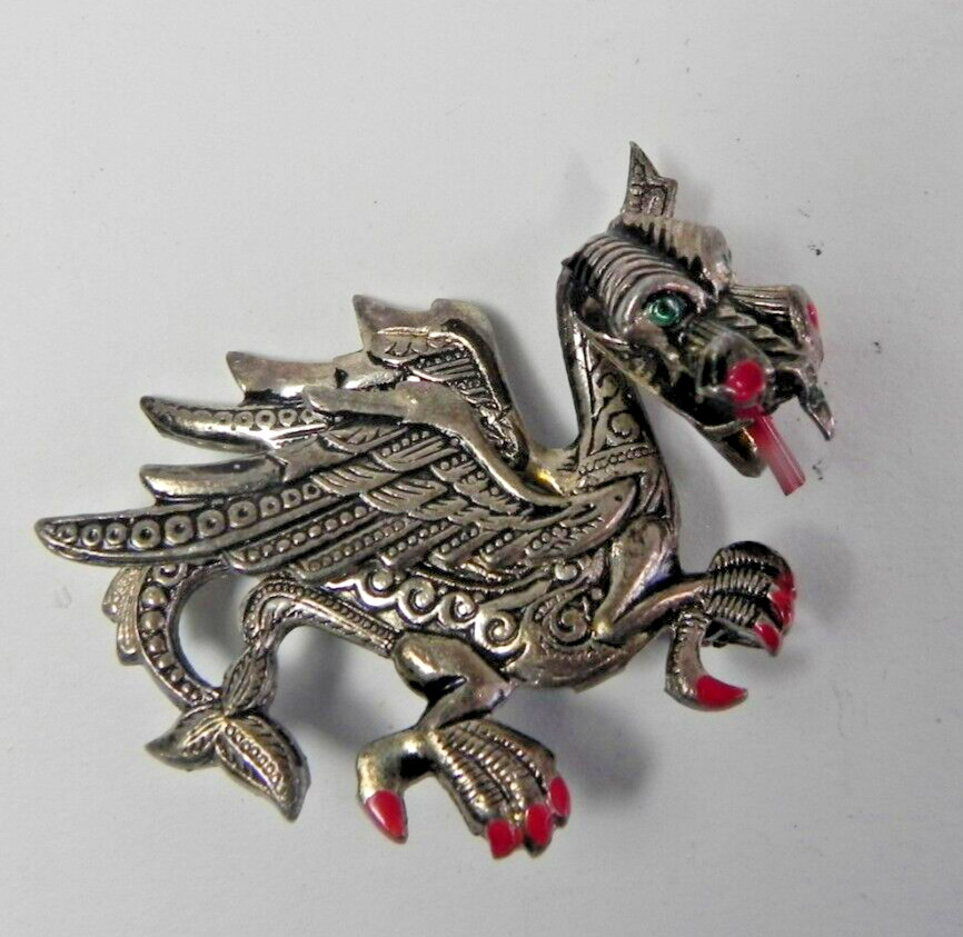 Victorian Damascene Dragon Brooch Pin Hand Painted Marked Spain