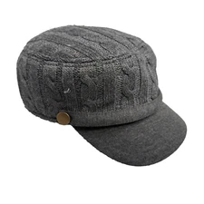 D&Y Women’s Gray Knit Army Cap, Short Brim, Lined, One Size Stretch - EUC