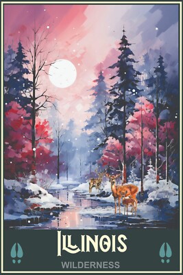 Illinois Wilderness Winter Scene Snow Deer Art Travel Poster 16 x 24 Wildlife