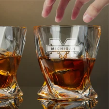 Custom Engraved University of Michigan Whiskey Glass – 10 oz Twisted Rocks Glass