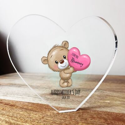 Süßer Teddybär Junge klar Herzform personalisiert Geschenk Acryl Block Ornament