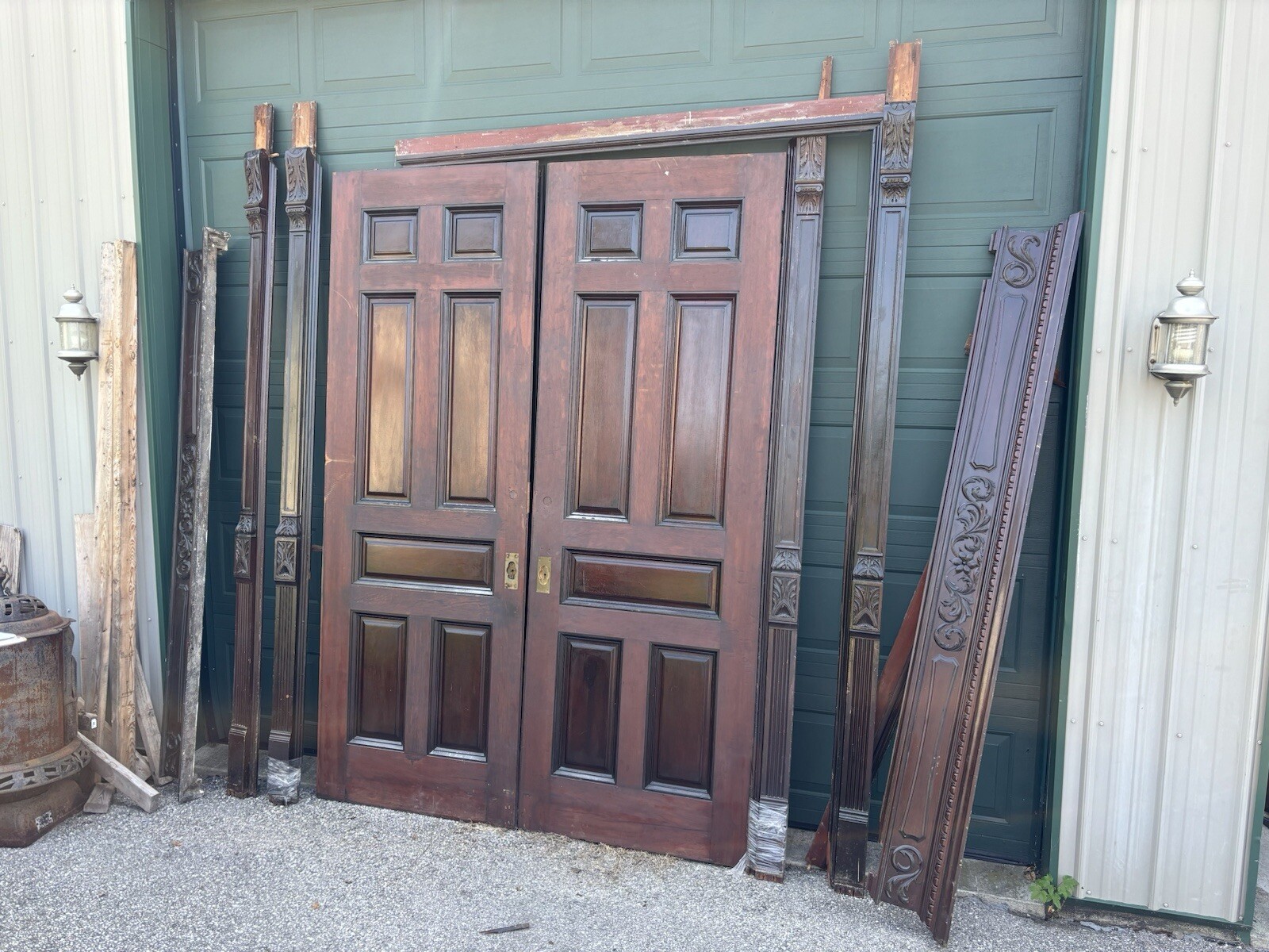 ~ ANTIQUE MAHOGANY POCKET DOORS WITH CARVED MOLDINGS AND PEDIMENTS 94 X 116 ~