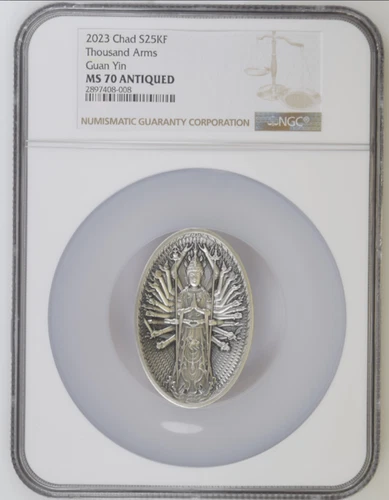 2023 Chad S25KF 5oz Silver Thousand Arms Guan Yin NGC MS 70 Antiqued Mintage 111