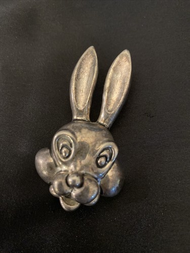 MJ Bunny Pendant Brooch Silver Tone Aged Patina 2.25"