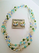 Jewelry Set Beaded 3 Strand Necklace Clip on Earrings Pastel Colors Hand Crafted