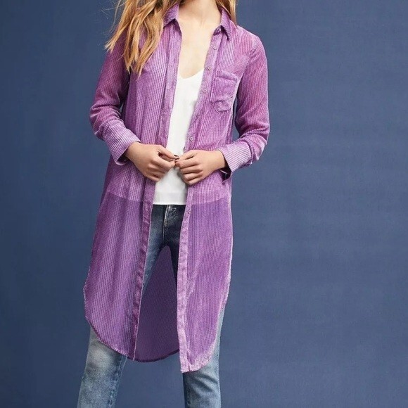 NWT Akemi + Kin Velvet Stripe Button Down Duster Size Large Lilac Anthropologie image 2