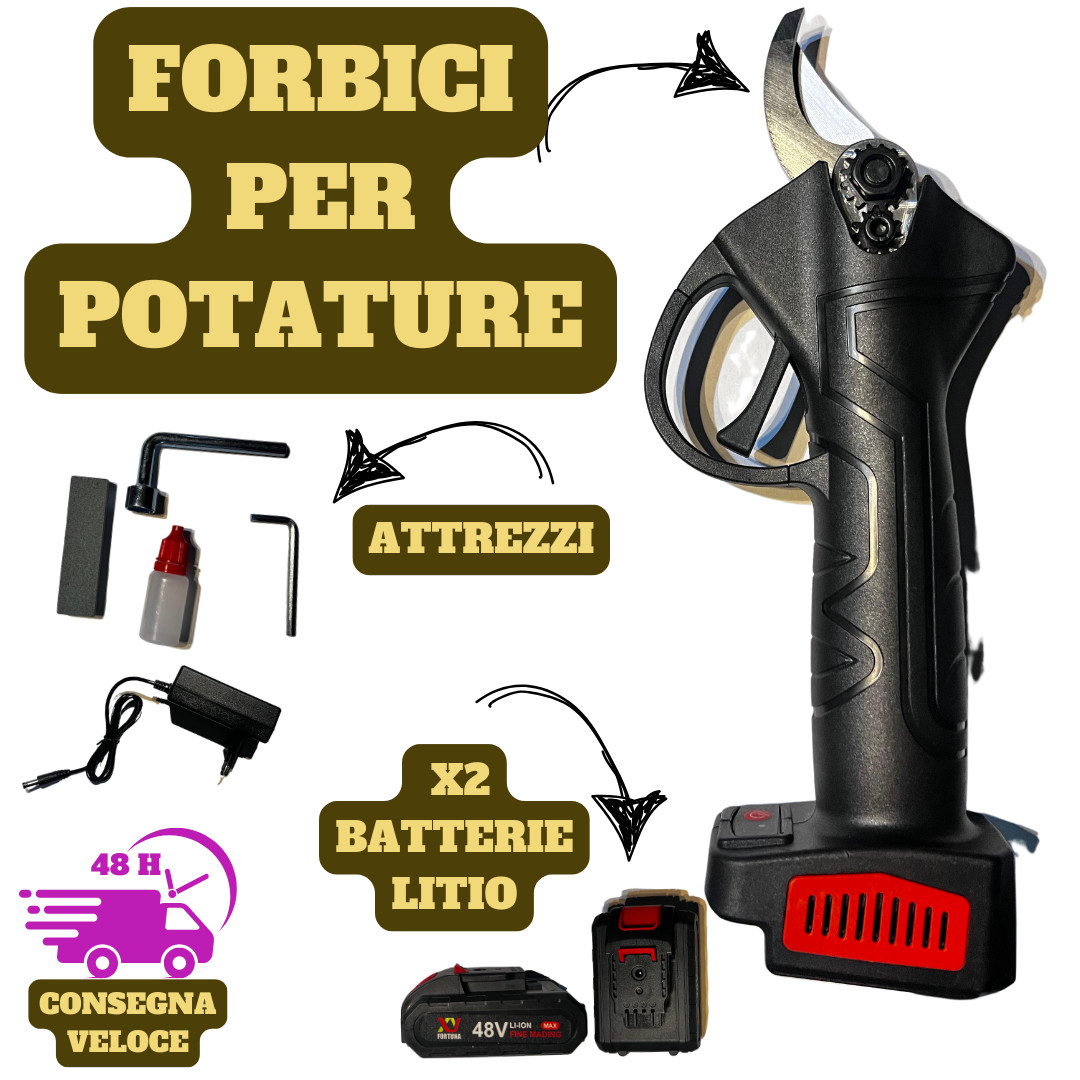 OFFERTA Forbice Potatura Batteria 48V - Cesoia 30mm 2 Batterie 3Ah