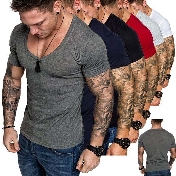 Men's Super Stretch Deep V Neck TShirt Muscle Fit Bodybuilding Shirts