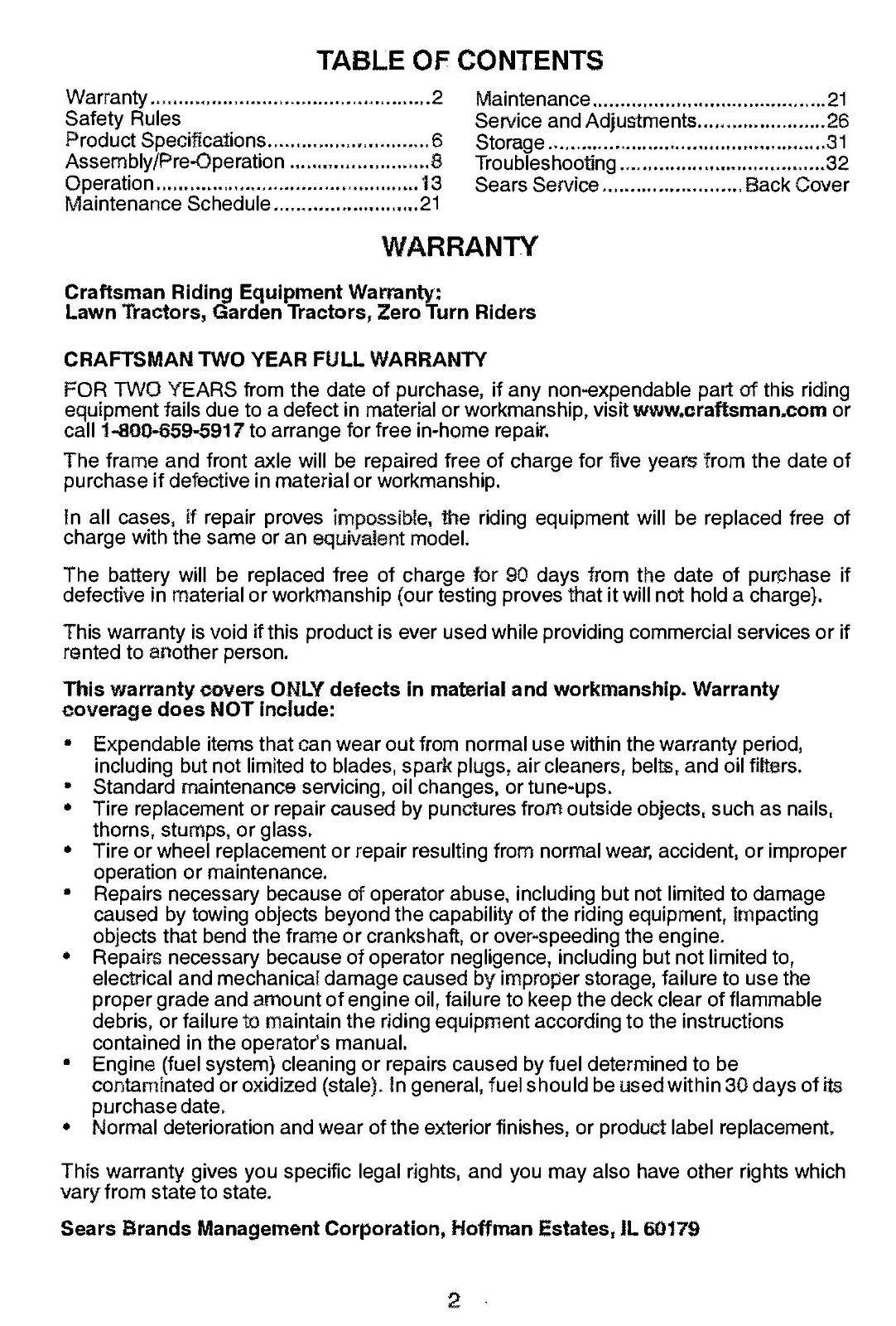 Mower Tractor Operator Manual Craftsman 917-28861 26HP 54” E-Start ...