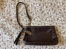 AUTHENTIC COACH BROWN LEATHER WRISTLET WITH TASSEL SILVER HARDWARE