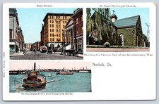 Antique Virginia Postcard NORFOLK Main St St Pauls Church Ferry