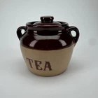 Vintage Hull Pottery Brown Drip “Tea” Canister Jar with Lid Maple Leaf Mark USA