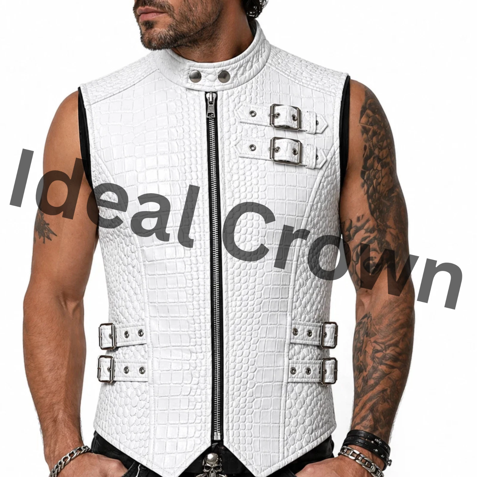 Mens White Crocodile Embossed Leather Biker Vest Slim Fit Buckle Waistcoat