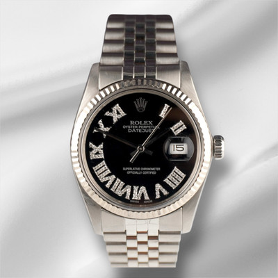 Rolex 36mm Datejust Steel Fluted Black Roman Diamond Dial Watch 16014