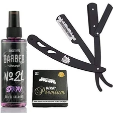 The Shave Factory Straight Edge Razor Kit (Black/Barber No21 50ml Cologne / 100
