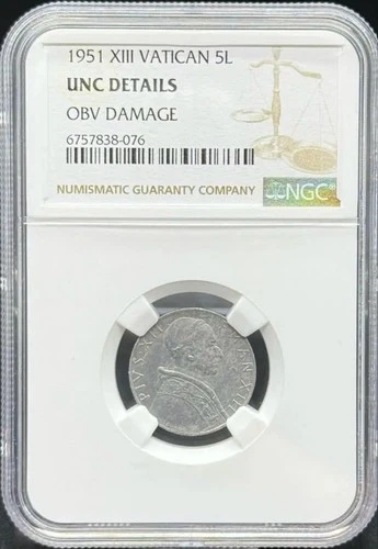 NGC AU 1951 Vatican City 5 Lira Coin Pius XII Rare Collectible