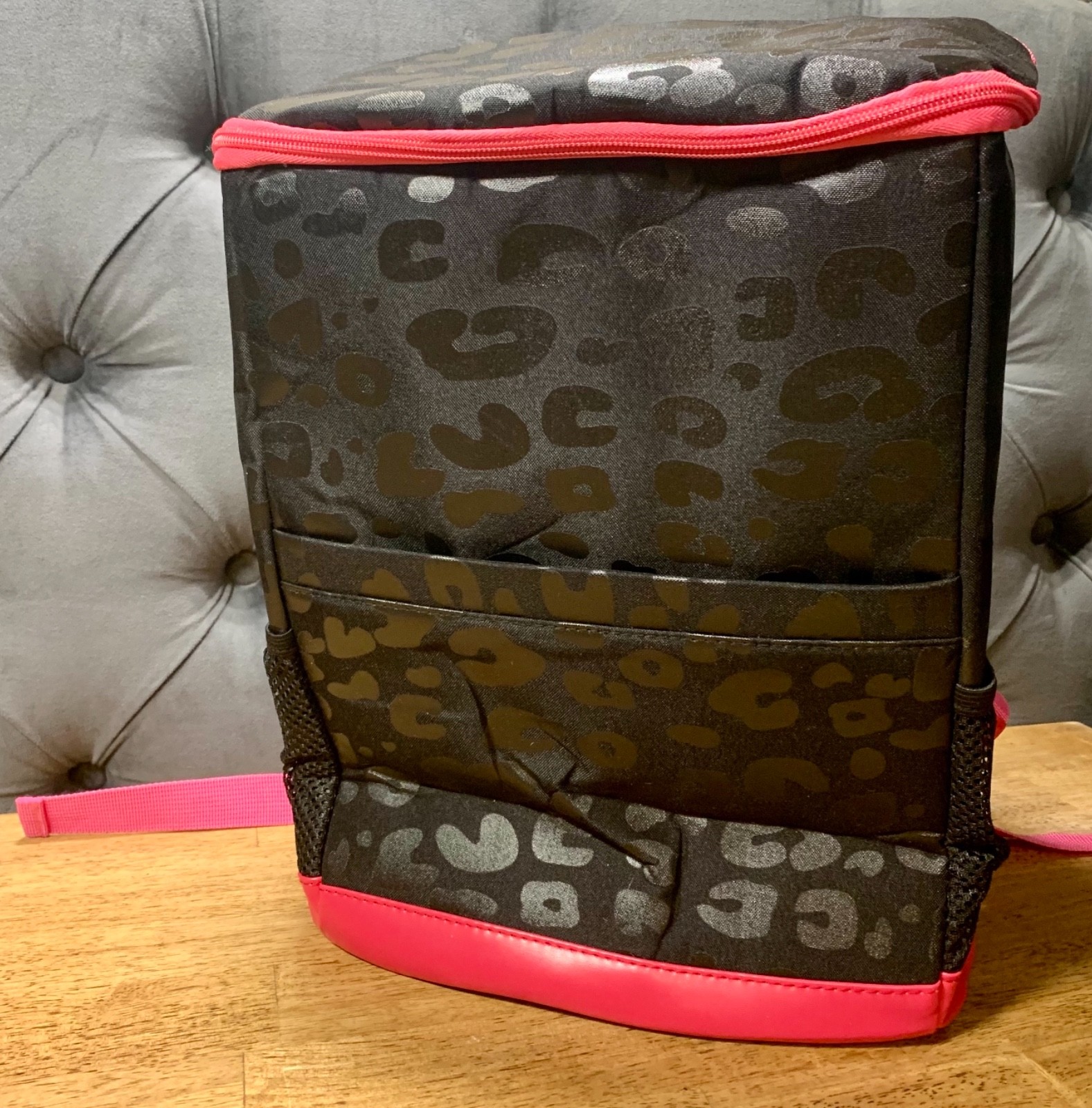 Insulated Backpack Cooler Black Leopard Pink Bottle Opener Mobwife Gorpcore Style-image