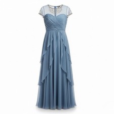 Adrianna Papell Womens Blue Beaded Sheer Sleeve Evening Gown Size 8